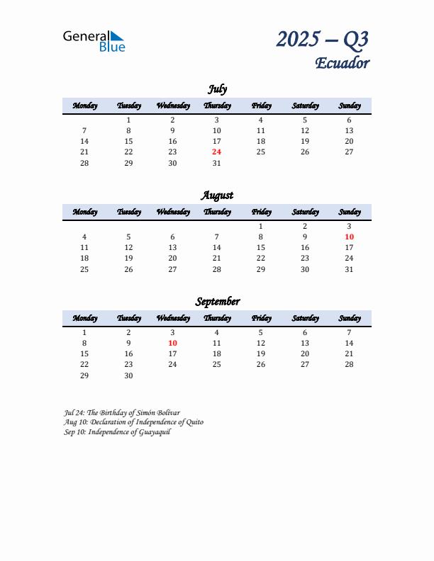 July, August, and September Calendar for Ecuador with Monday Start