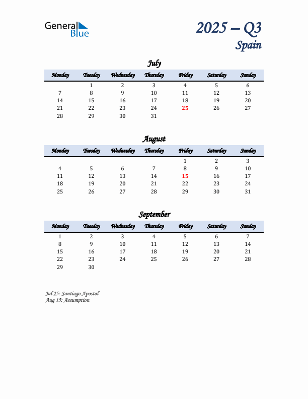 July, August, and September Calendar for Spain with Monday Start