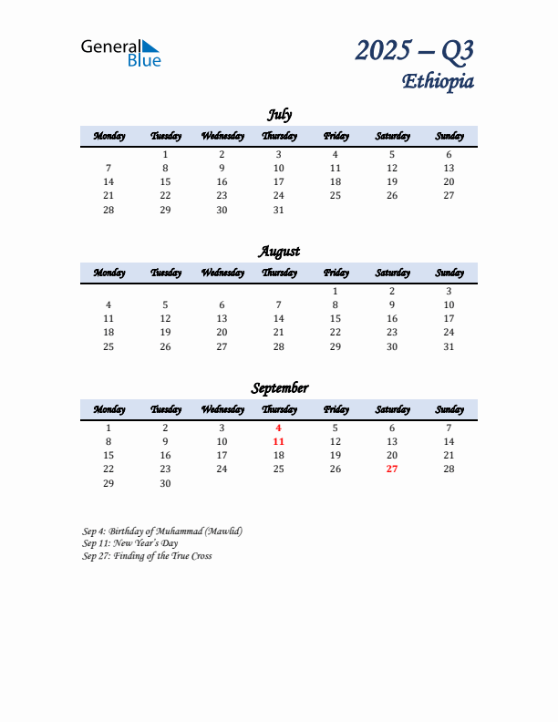 July, August, and September Calendar for Ethiopia with Monday Start