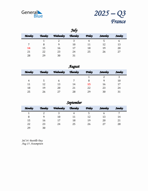 July, August, and September Calendar for France with Monday Start