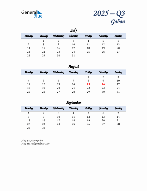 July, August, and September Calendar for Gabon with Monday Start