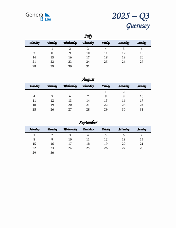 July, August, and September Calendar for Guernsey with Monday Start