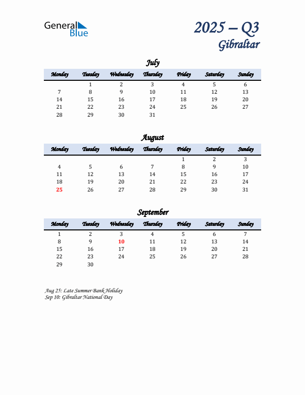 July, August, and September Calendar for Gibraltar with Monday Start