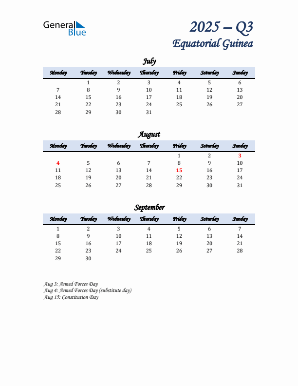 July, August, and September Calendar for Equatorial Guinea with Monday Start