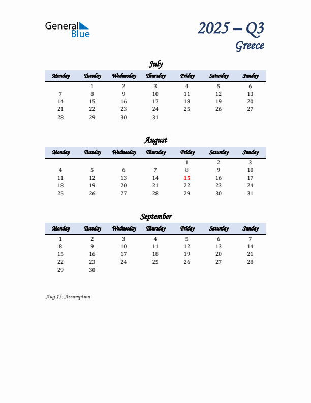 July, August, and September Calendar for Greece with Monday Start