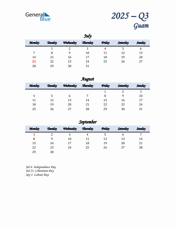 July, August, and September Calendar for Guam with Monday Start