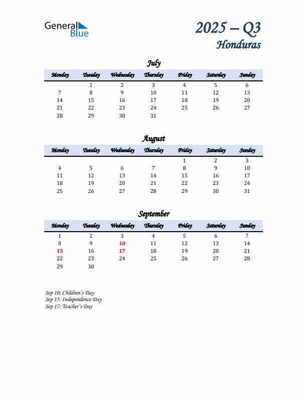 July, August, and September Calendar for Honduras with Monday Start