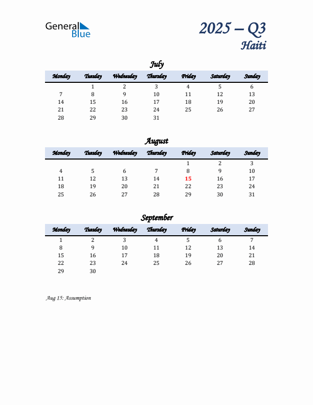 July, August, and September Calendar for Haiti with Monday Start