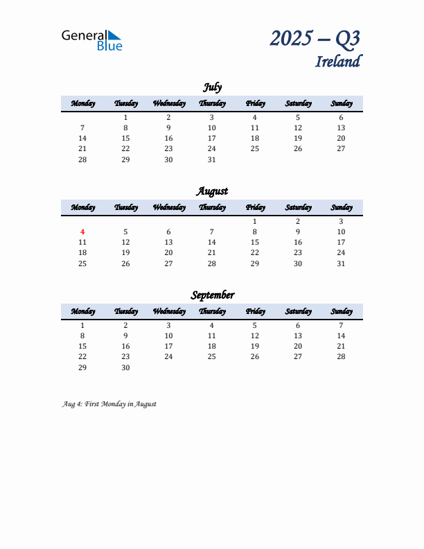 July, August, and September Calendar for Ireland with Monday Start