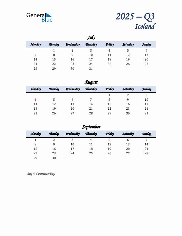 July, August, and September Calendar for Iceland with Monday Start