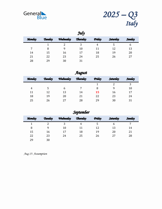 July, August, and September Calendar for Italy with Monday Start