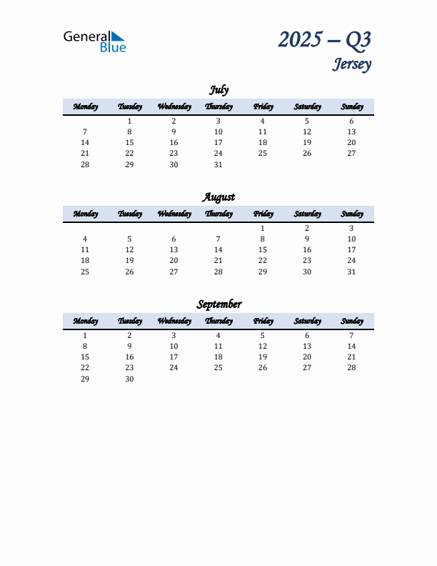 July, August, and September Calendar for Jersey with Monday Start