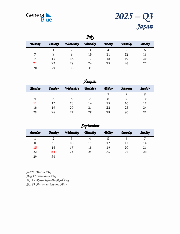 July, August, and September Calendar for Japan with Monday Start