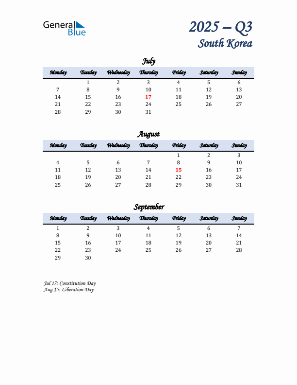 July, August, and September Calendar for South Korea with Monday Start