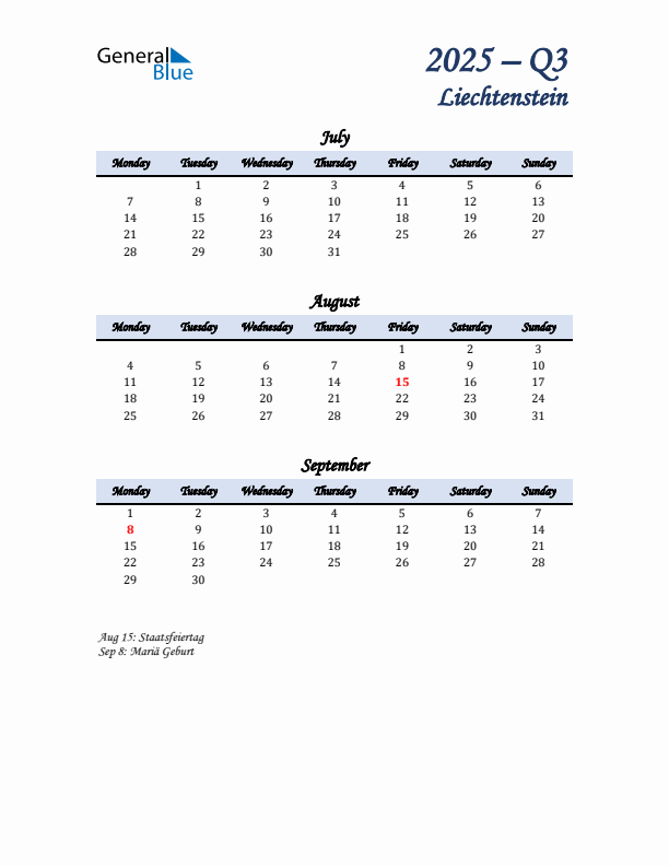 July, August, and September Calendar for Liechtenstein with Monday Start