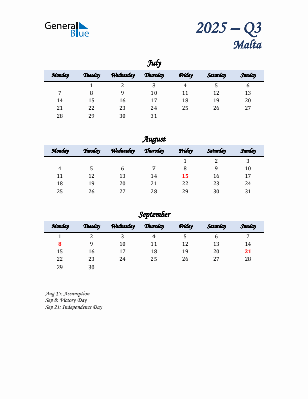 July, August, and September Calendar for Malta with Monday Start