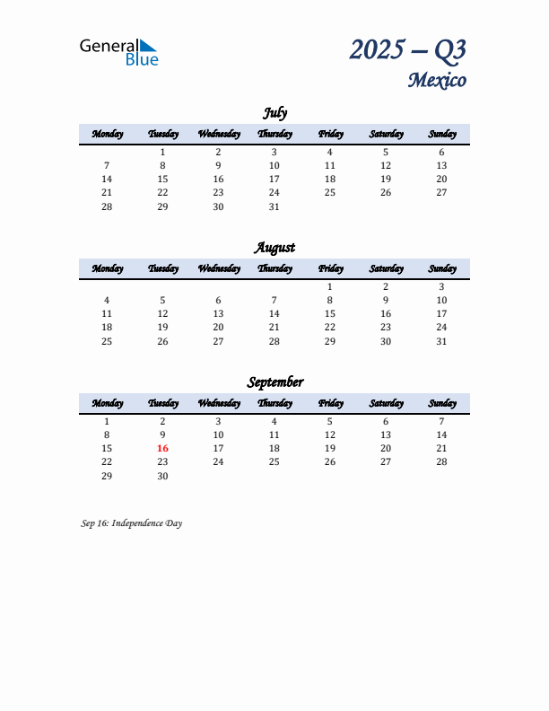 July, August, and September Calendar for Mexico with Monday Start