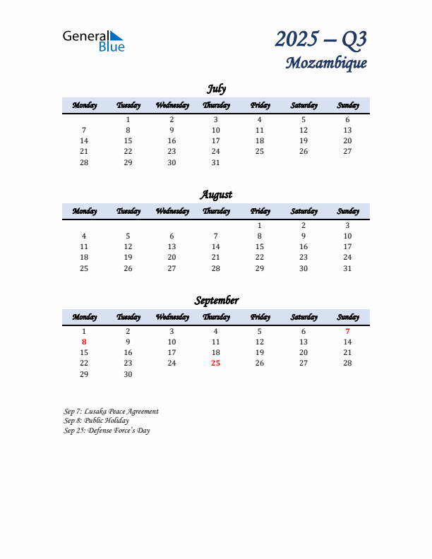 July, August, and September Calendar for Mozambique with Monday Start