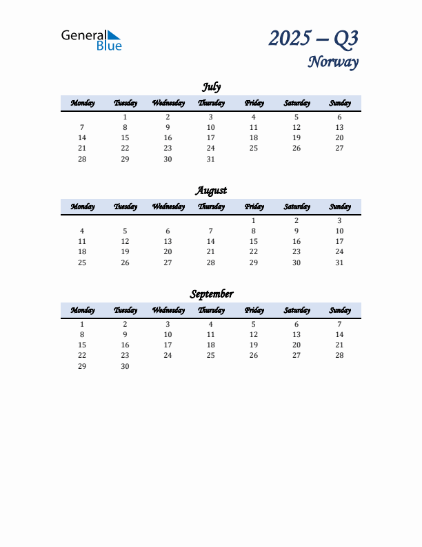 July, August, and September Calendar for Norway with Monday Start