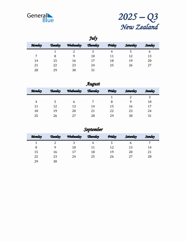 July, August, and September Calendar for New Zealand with Monday Start