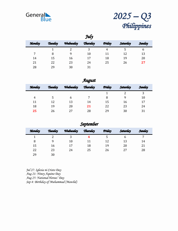 July, August, and September Calendar for Philippines with Monday Start