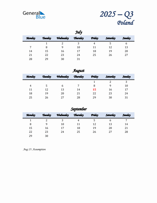 July, August, and September Calendar for Poland with Monday Start