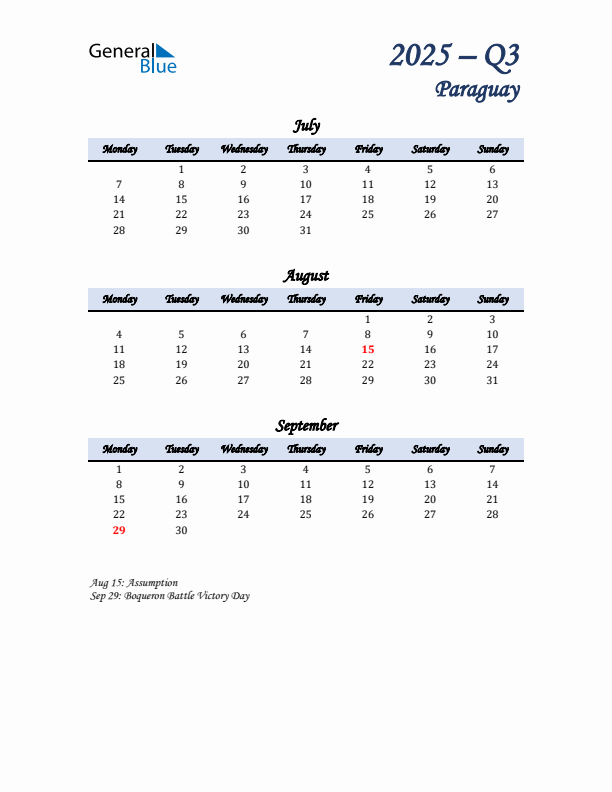 July, August, and September Calendar for Paraguay with Monday Start