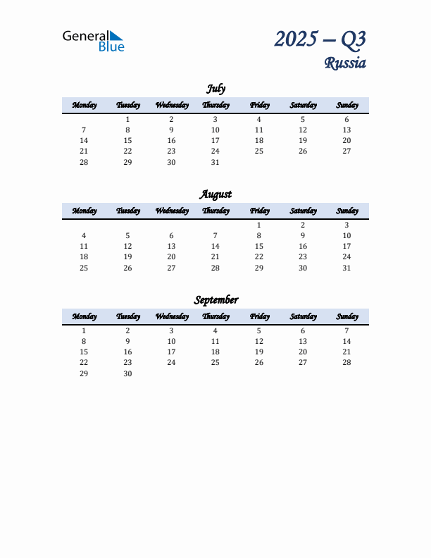 July, August, and September Calendar for Russia with Monday Start