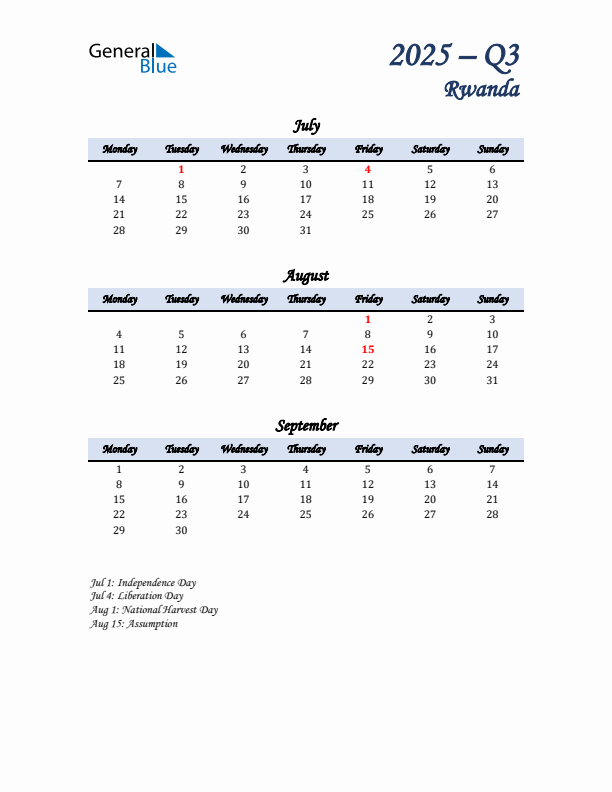 July, August, and September Calendar for Rwanda with Monday Start