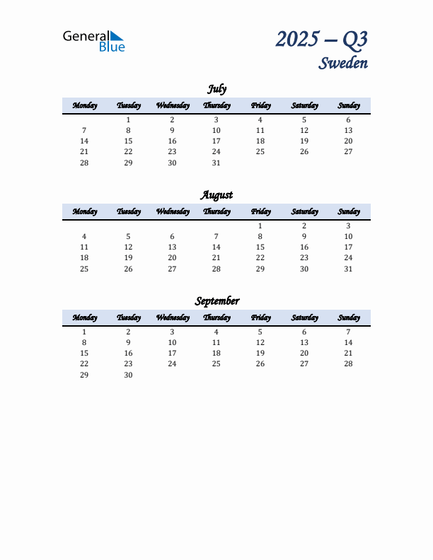 July, August, and September Calendar for Sweden with Monday Start