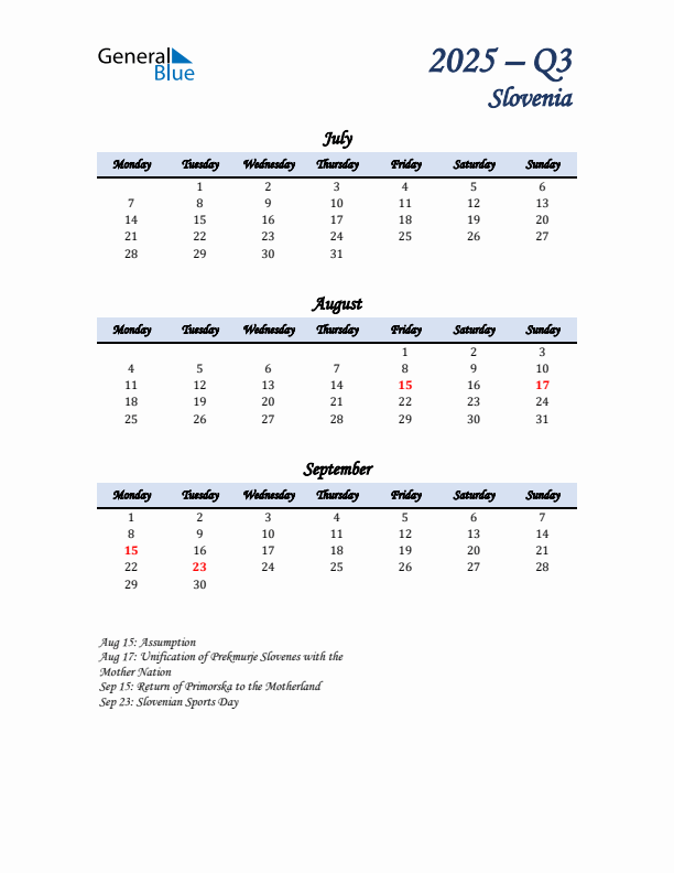 July, August, and September Calendar for Slovenia with Monday Start