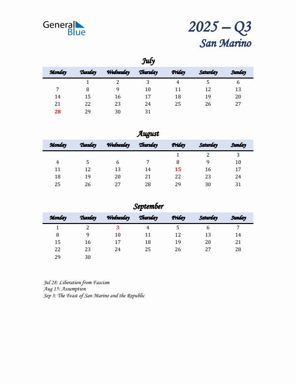 July, August, and September Calendar for San Marino with Monday Start