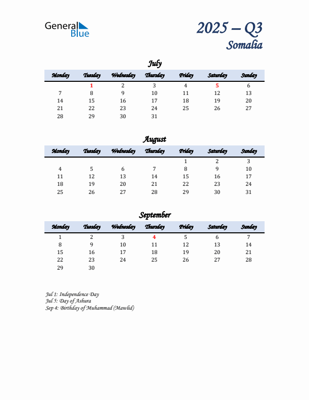 July, August, and September Calendar for Somalia with Monday Start