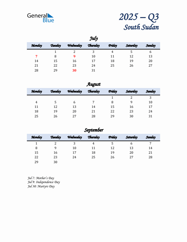 July, August, and September Calendar for South Sudan with Monday Start