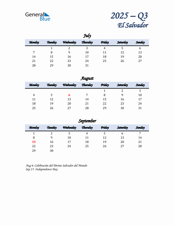 July, August, and September Calendar for El Salvador with Monday Start