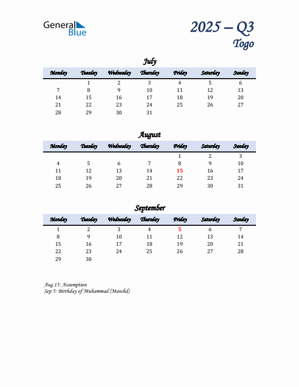 July, August, and September Calendar for Togo with Monday Start