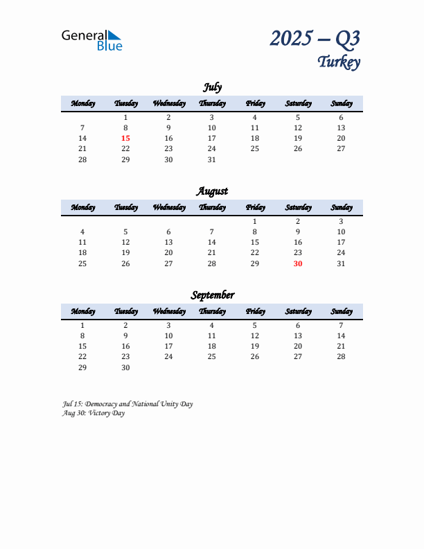 July, August, and September Calendar for Turkey with Monday Start