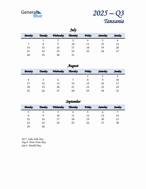 July, August, and September Calendar for Tanzania with Monday Start