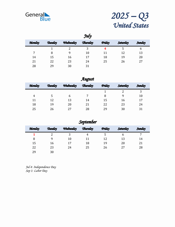 July, August, and September Calendar for United States with Monday Start