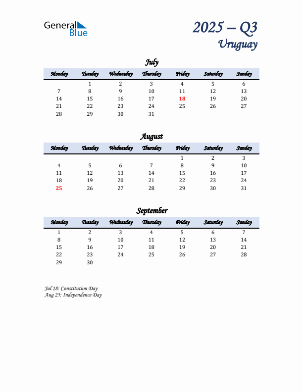 July, August, and September Calendar for Uruguay with Monday Start