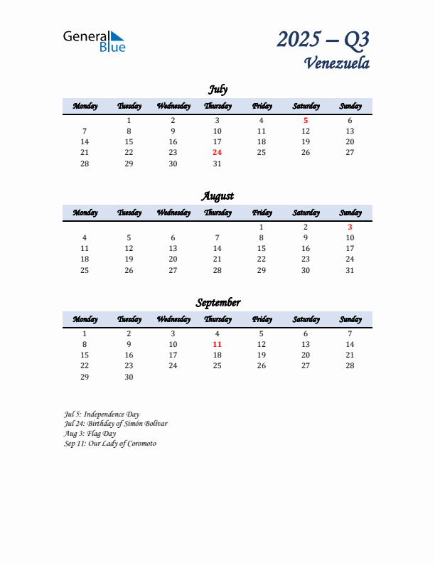 July, August, and September Calendar for Venezuela with Monday Start