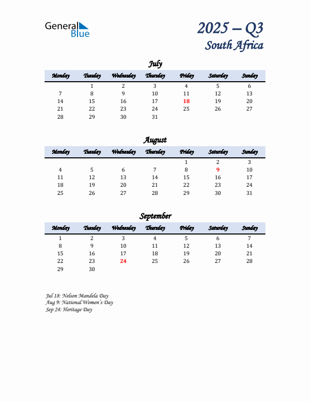 July, August, and September Calendar for South Africa with Monday Start