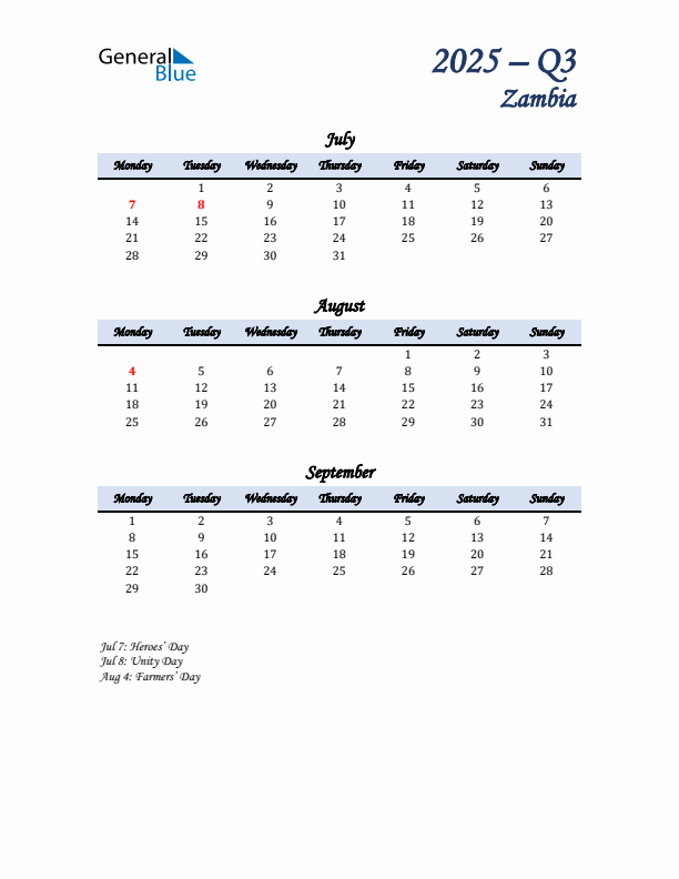 July, August, and September Calendar for Zambia with Monday Start