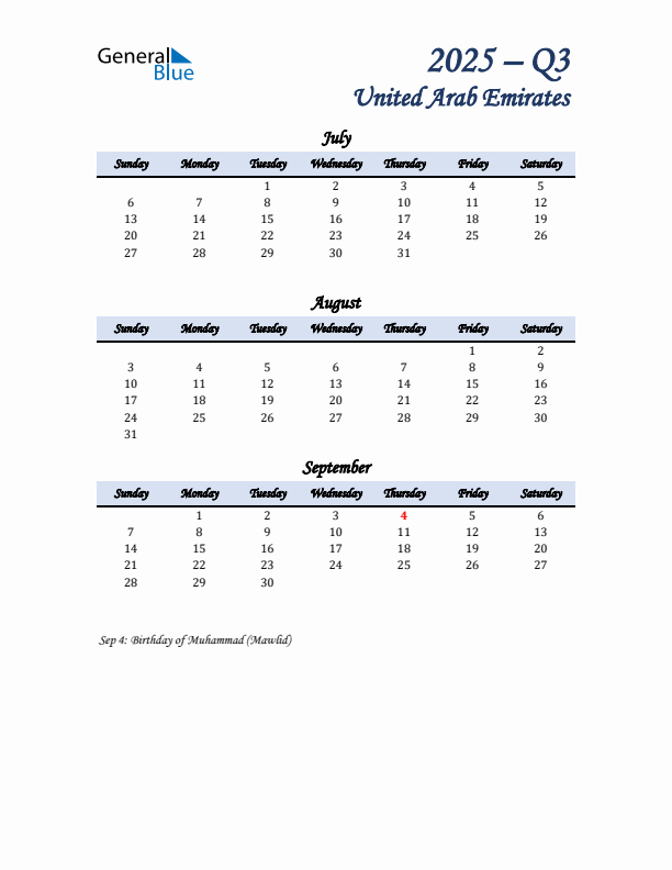 July, August, and September Calendar for United Arab Emirates with Sunday Start