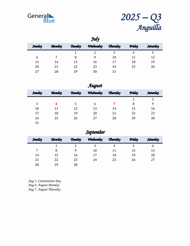 July, August, and September Calendar for Anguilla with Sunday Start