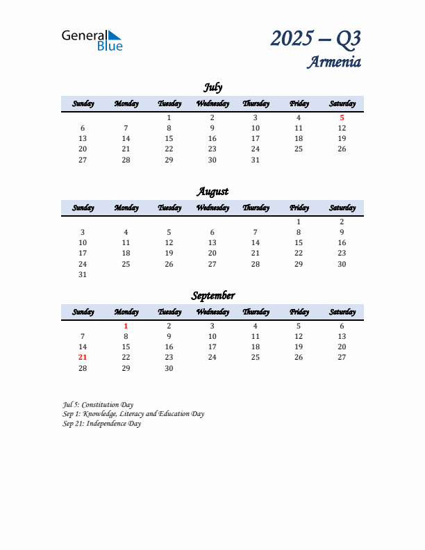 July, August, and September Calendar for Armenia with Sunday Start