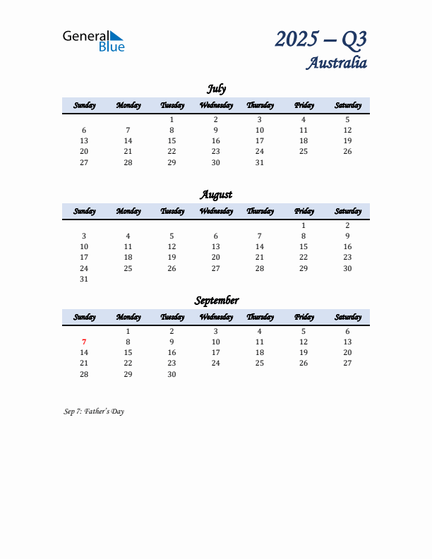 July, August, and September Calendar for Australia with Sunday Start