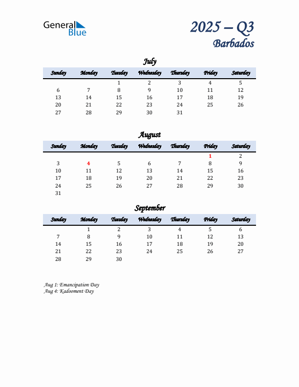 July, August, and September Calendar for Barbados with Sunday Start