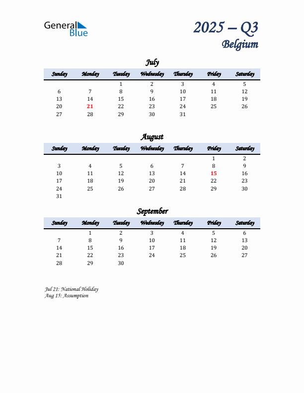 July, August, and September Calendar for Belgium with Sunday Start