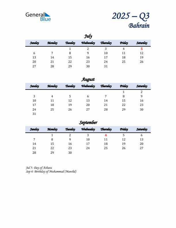 July, August, and September Calendar for Bahrain with Sunday Start